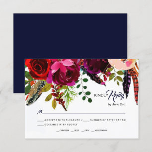 Boho Bold Burgundy Marinho Floral Casamento RSVP