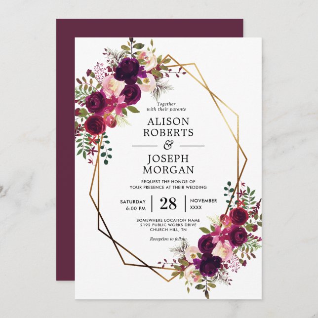 Boho bordo convite para casamento geométrico (Frente/Verso)