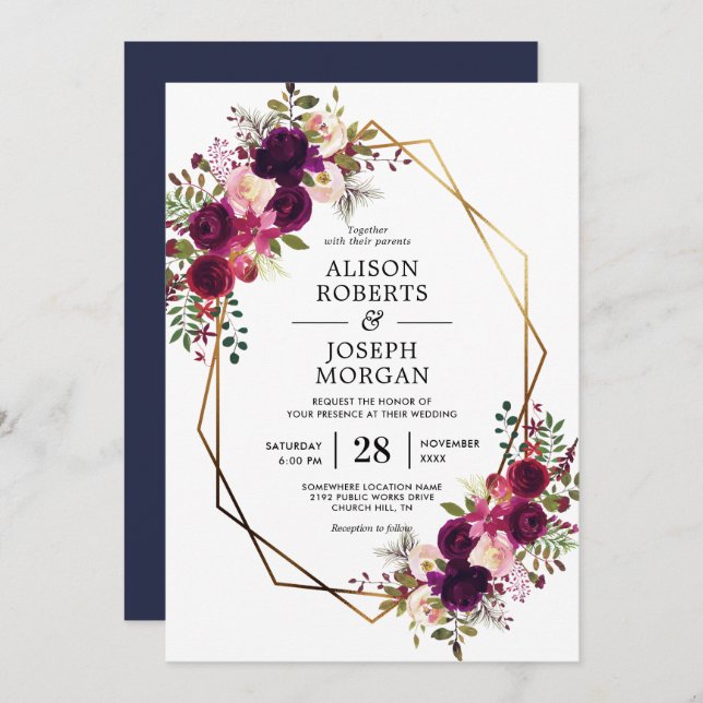 Boho bordo convite para casamento geométrico (Frente/Verso)