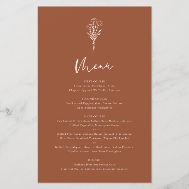 Boho Botanicals Terracotta Menu Casamento Cartão (Frente)
