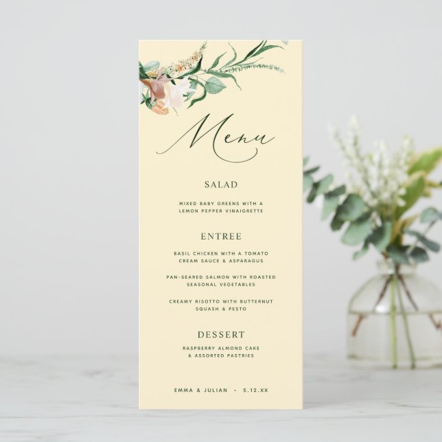 Boho Botânico Greenery Pastel Yellow Wedding Menu (Em pé/Frente)