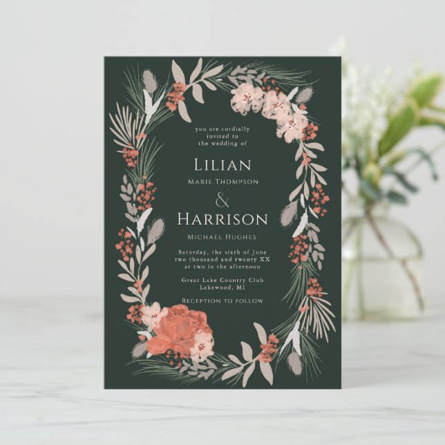 Boho botânico Wreath Sage e Convite para Casamento (Em pé/Frente)