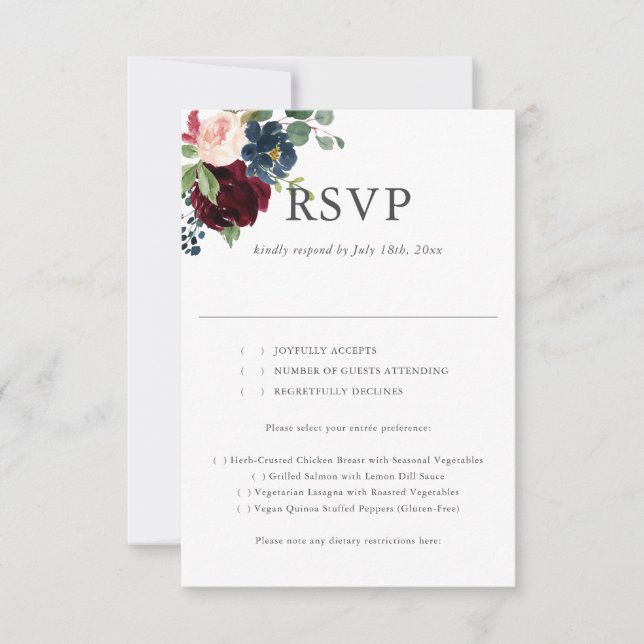 Boho Burgundy Blue Flowers Casamento RSVP (Frente)