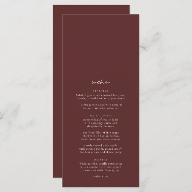 Boho Burgundy Elegante Menu de Casamento Minimalis (Frente/Verso)