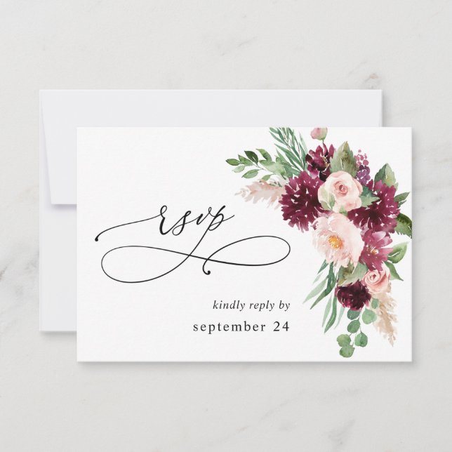 Boho Burgundy & Floral Rosa & Folhagens com RSVP d (Frente)