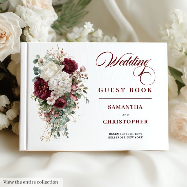 Boho burgundy Livro de rosas de ouro branco (Boho burgundy gold roses wedding guest book design

)
