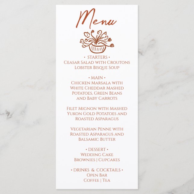 Boho Burnt Orange Hand Drawn Floral Wedding Menu (Frente)