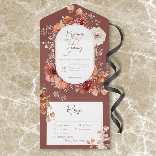 Boho Burnt Orange Rust Fall Floral 3 Janta (Boho Burnt Orange Rust Fall Floral 3 Dinner All In One Invitation)