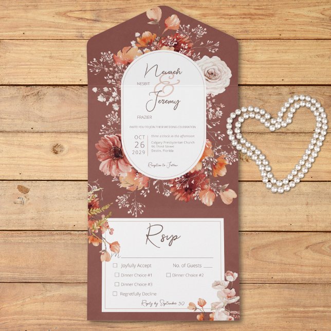 Boho Burnt Orange Rust Fall Floral Três Jantas (Boho Burnt Orange Rust Fall Floral Three Dinner All In One Invitation)