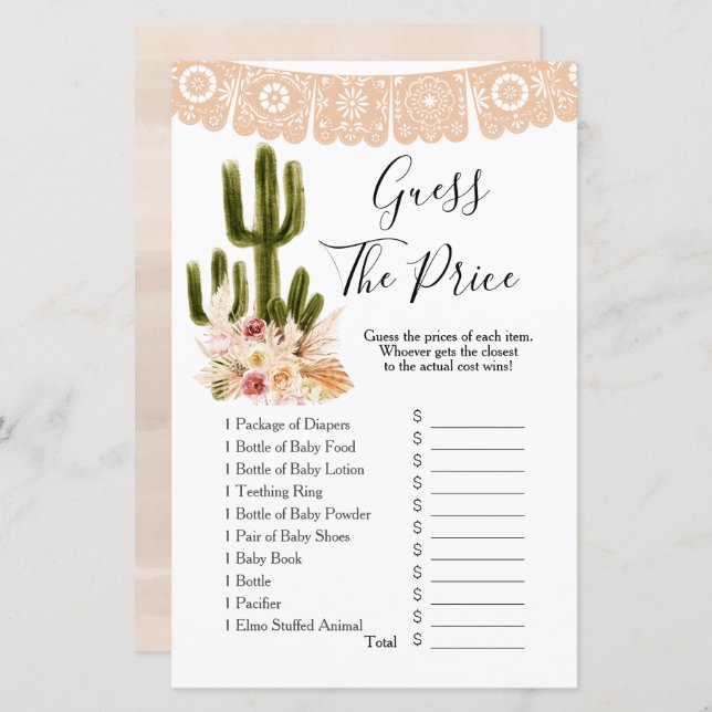 Boho Cactus Taco sobre Amor Adivinha O Preço Jogo (Frente/Verso)