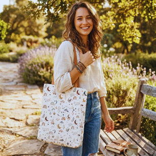 Boho Celestial Tote Bag Lua e Estrelas Neutras