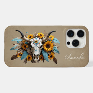 Boho Chic Aguarela Girassol Pena Crânio de Vaca
