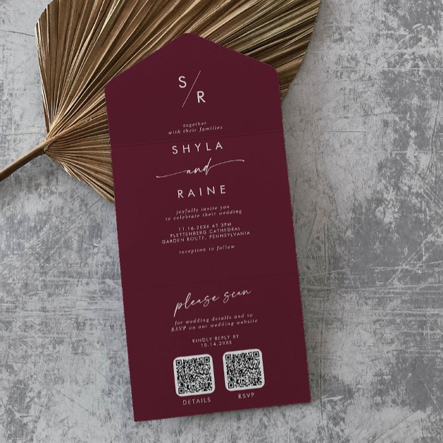 Boho Chic Burgundy Red Dual Código QR Casamento (Criador carregado)