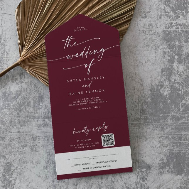 Boho Chic Burgundy Red QR Code Mail in Wedding (Criador carregado)