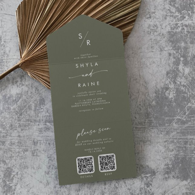 Boho Chic Olive Green Casamento de Código QR Duplo (Criador carregado)