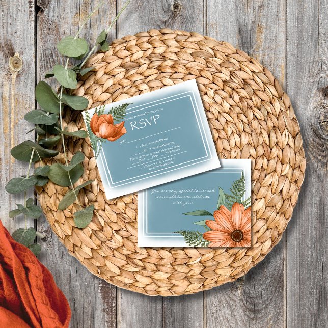 Boho Chic Orange Florals Smokey Blue RSVP (Criador carregado)
