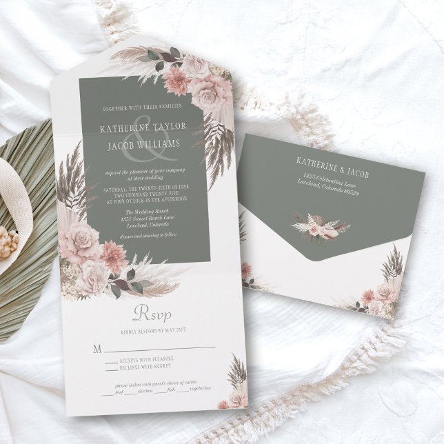 Boho Chic Pampas Grass Sage Casamento Floral Verde (sage green boho pampas grass wedding invitation with rsvp)