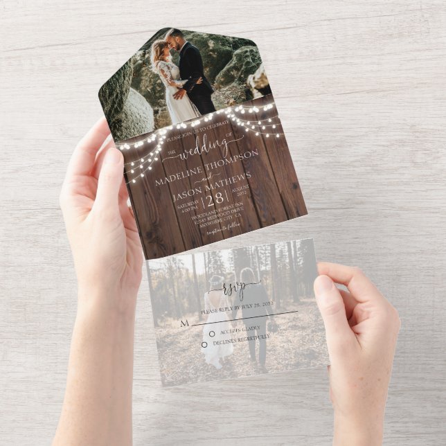 Boho Chic Wood String Lights Foto RSVP Casamento (Tearaway)
