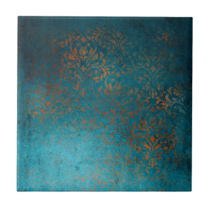 Boho Copper Blue Damask Grunge