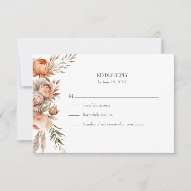 Boho Coral and Peach Dry Flower Wedding RSVP Card (Frente)