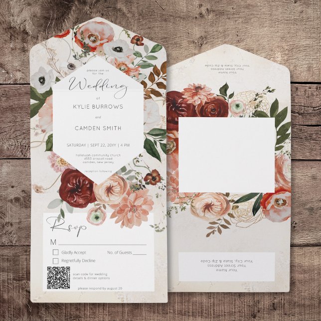 Boho Cream Burgundy Fall Floral Código QR (Boho Cream Burgundy Fall Floral QR Code All In One Invitation)