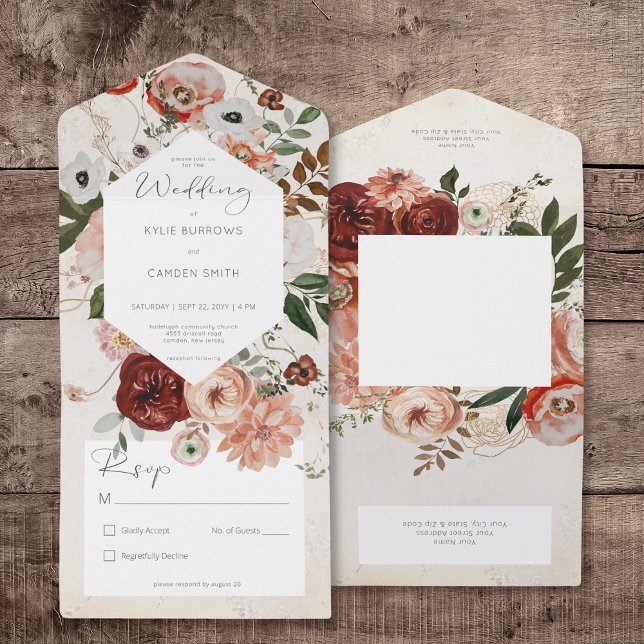 Boho Cream Burgundy Fall Floral No Janta (Boho Cream Burgundy Fall Floral No Dinner All In One Invitation)
