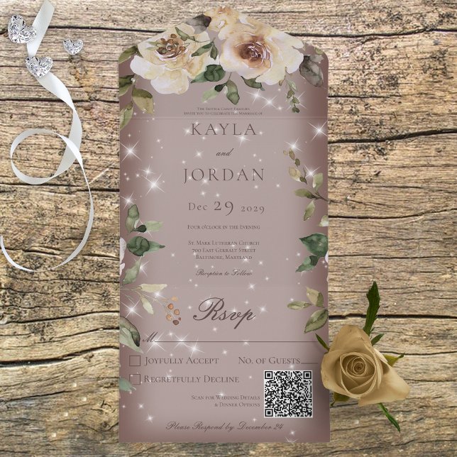 Boho Cream Rosas Sparkle Brown Código QR (Criador carregado)