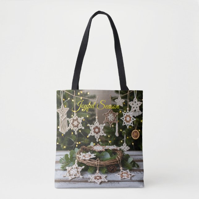 Boho Crochet Snowflake Tote Bag de Natal (Frente)