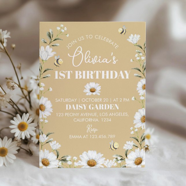 Boho Daisy Bee Primeiro Convite de Aniversário (Criador carregado)