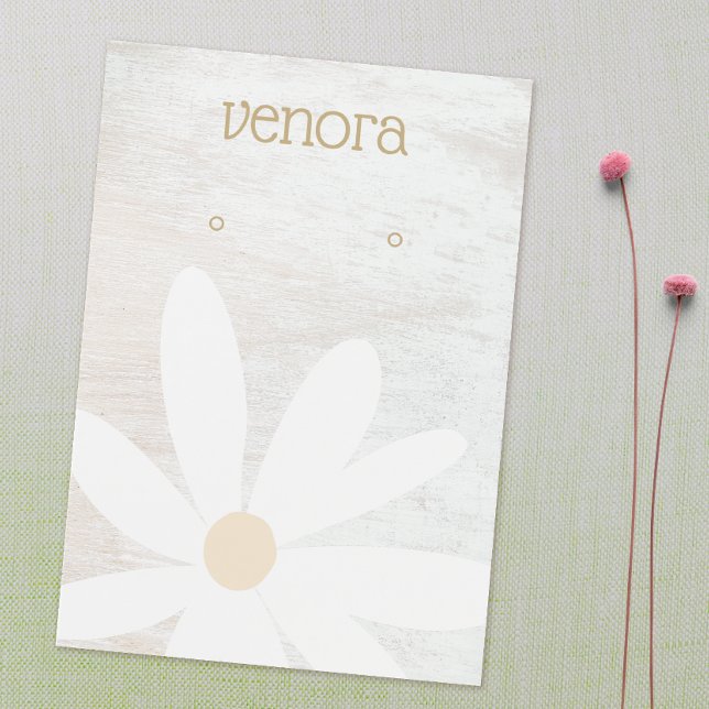 Boho Daisy Floral White Wood Earring Display Card (Criador carregado)
