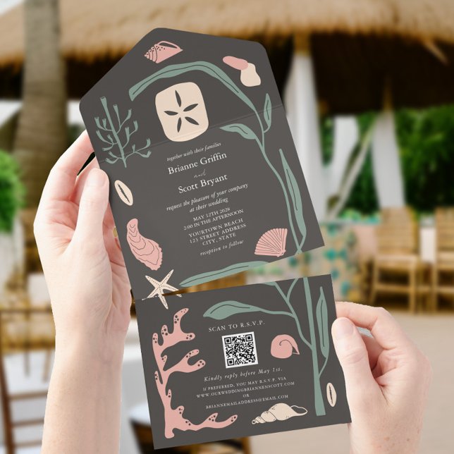 Boho Dark Beach Seashell Weding QR RSVP (Criador carregado)