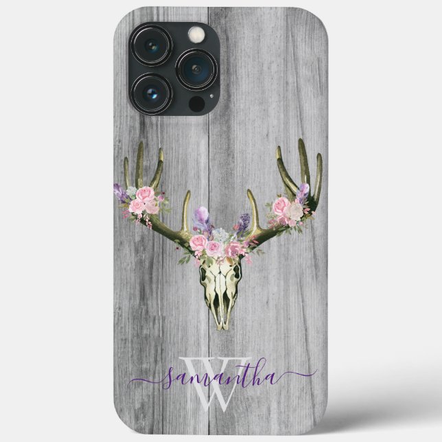 Boho Deer Crânio Monograma Floral Monograma Chic C (Verso)