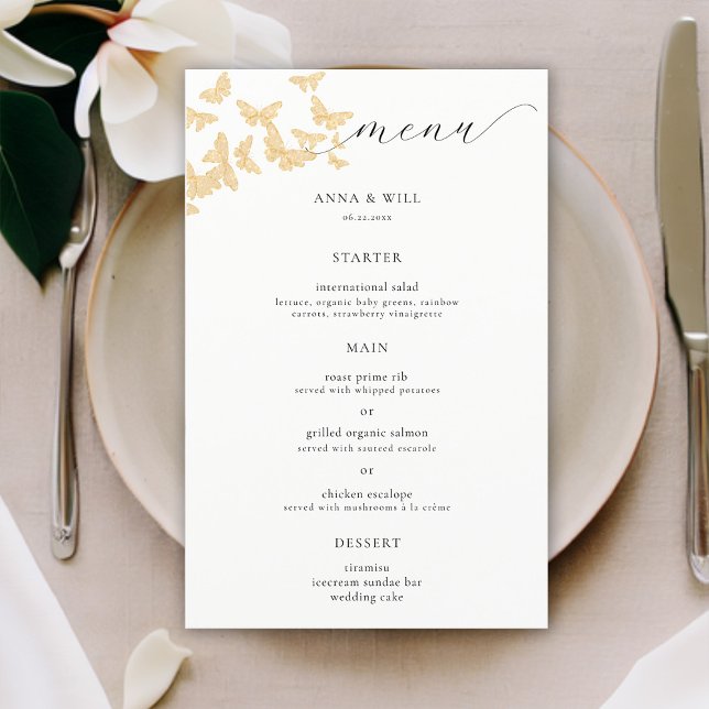 Boho Dourado Borboletas Elegante Casamento Românti (boho gold butterflies wedding menu elegant modern romantic calligraphy simple classic minimalist)