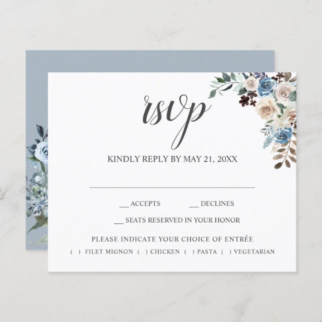 Boho Dusty Blue Beige Flowers Script Weding RSVP (Frente/Verso)