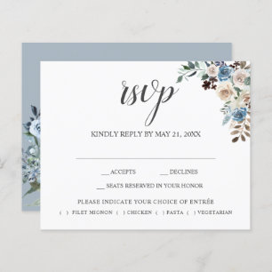 Boho Dusty Blue Beige Flowers Script Weding RSVP
