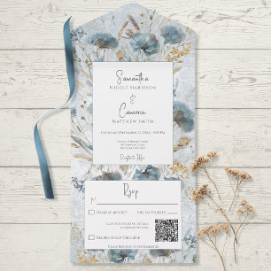 Boho Dusty Blue & Brown Floral Monograma QR