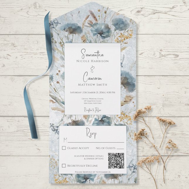 Boho Dusty Blue & Brown Floral Monograma QR (Criador carregado)