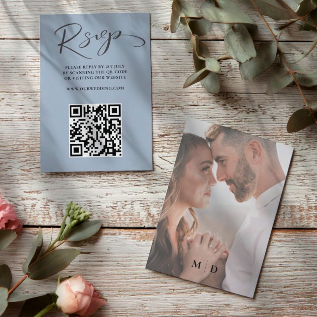 Boho Dusty Blue QR Code RSVP Casamento (Criador carregado)