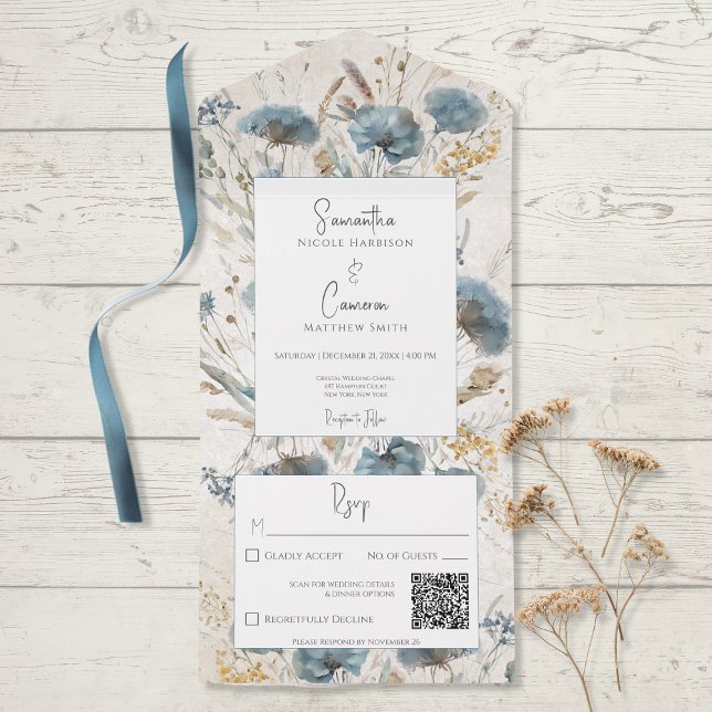 Boho Dusty Blue & Tan Floral Monograma Código QR (Criador carregado)