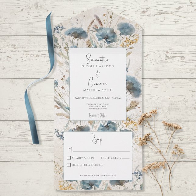 Boho Dusty Blue & Tan Floral Monograma Sem Janto (Criador carregado)