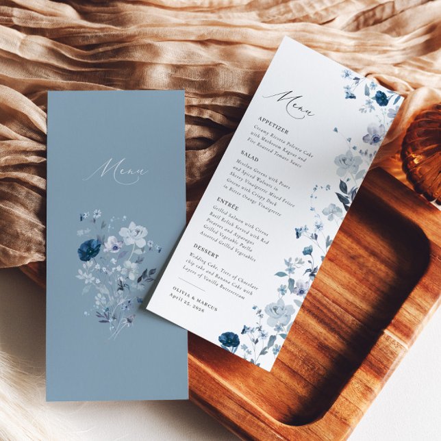Boho Dusty Blue Wildflower Elegant Menu Casamento (Back/Front)