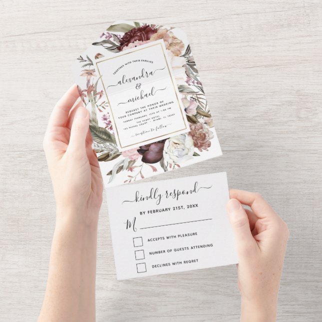 Boho Dusty Pink Burgundy Casamento RSVP (Tearaway)