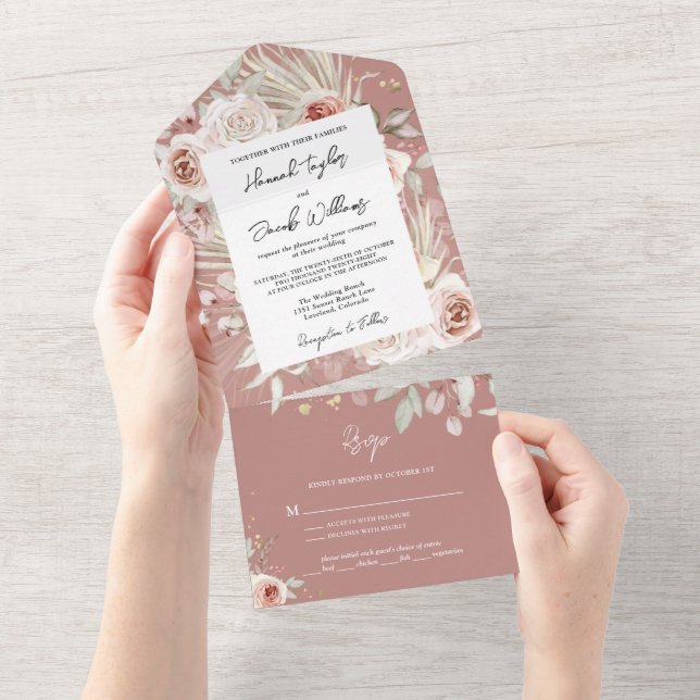 Boho Dusty Rosa Rustic Floral com Casamento RSVP (Aba destacável)