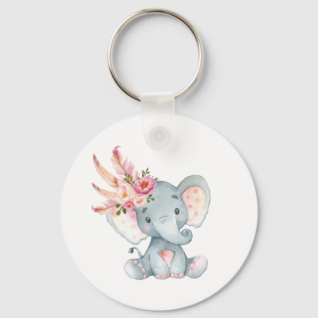 Boho Elephant Pink Floral Chaveiro Aniversário Fav (Frente)