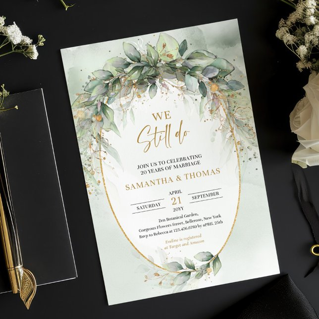 Boho eucalipto ouro verde Ainda fazemos convite (Boho watercolor eucalyptus gold frame we still do invitation downloadable)