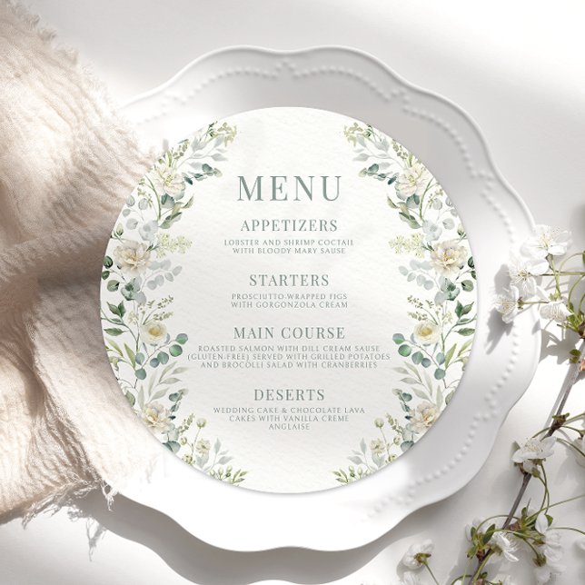 Boho Eucalyptus Floral Wedding Round Flat Menu (Criador carregado)