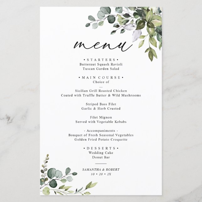 Boho Eucalyptus Greenery Simple WedeMenu (Verso)