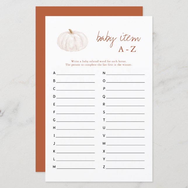 Boho Fall Pumpkin Baby Item A-Z Jogo do Chá de fra (Frente/Verso)