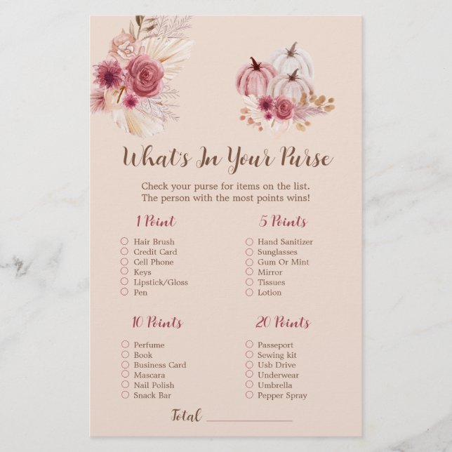 Boho Fall Pumpkin What's In Your Purse Bridal Game (Frente)