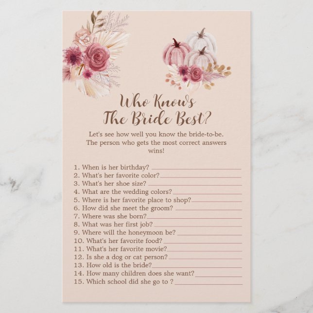 Boho Fall Pumpkin Who Knows The Bride Best Game (Frente)